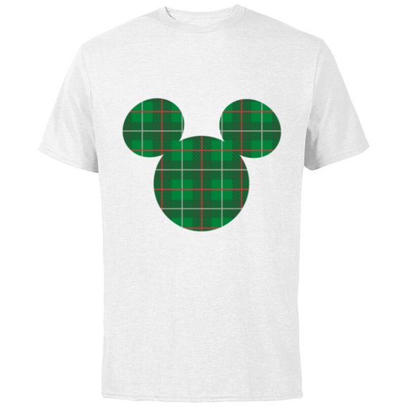 Disney Mickey Mouse Icon Green and Red Holiday Plaid - Short Sleeve Cotton T-Shirt for Adults - Customized-White