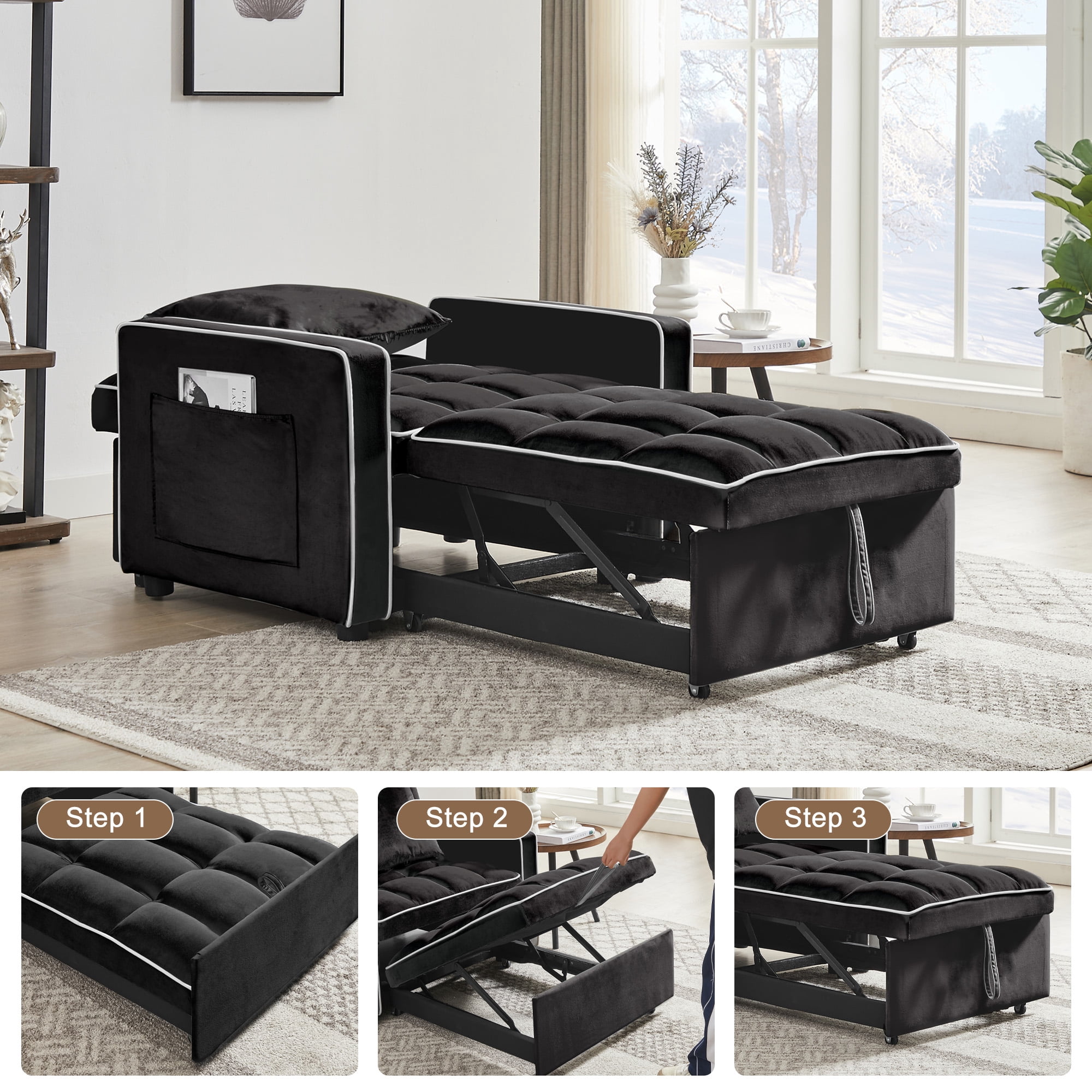 Aukfa Sleeper Chair Bed, Convertible Pull Out Sofa Bed for Living Room Apartment, Black