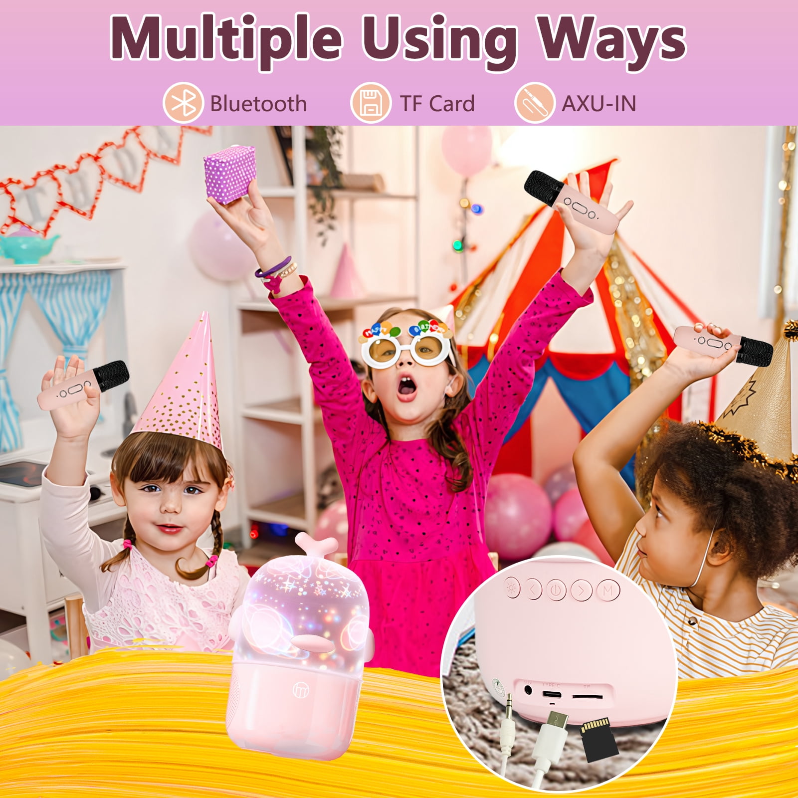 Aromei Mini Karaoke Machine Rotating Night Light Projector All-in-one for Kids with Microphone & 6 Light Films, Ideal for Home Party Birthday Gifts, Pink