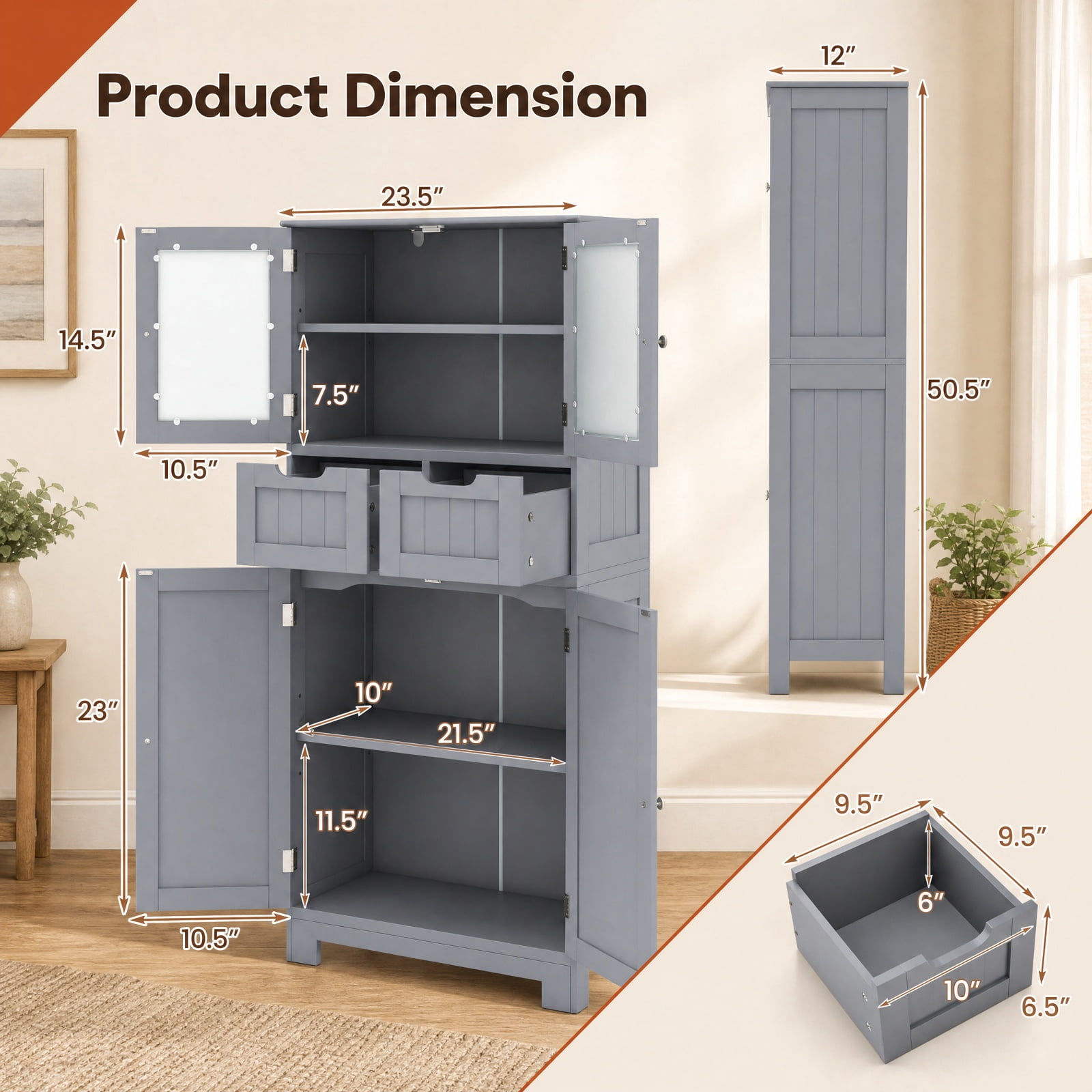 Vebreda Freestanding Bathroom Storage Cabinet, 4 Door Freestanding Bathroom Floor Storage Cabinet with 2 Drawers and Glass Doors