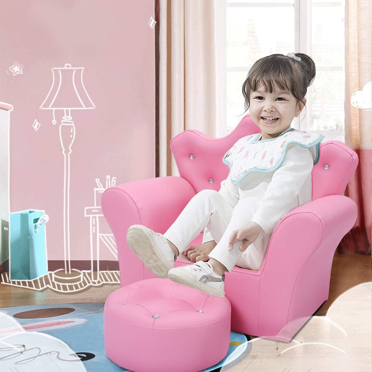 Kids Sofa Children Princess Upholstered Couch Armrest Chair with Ottoman PVC Leather Embedded Crystal Toddler Bedroom Furniture for Baby Girl Pink Walmart