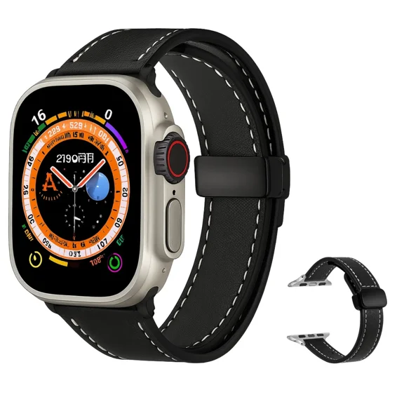 FIEWESEY Leather Band Compatible with Apple Watch Bands 49mm 46mm 45mm 44mm 42mm 41mm 40mm 38mm,Top Grain Leather iWatch Straps for Apple Watch Ultra SE Series 11 10 9 8 7 6 5 4 3 2 1 Black
