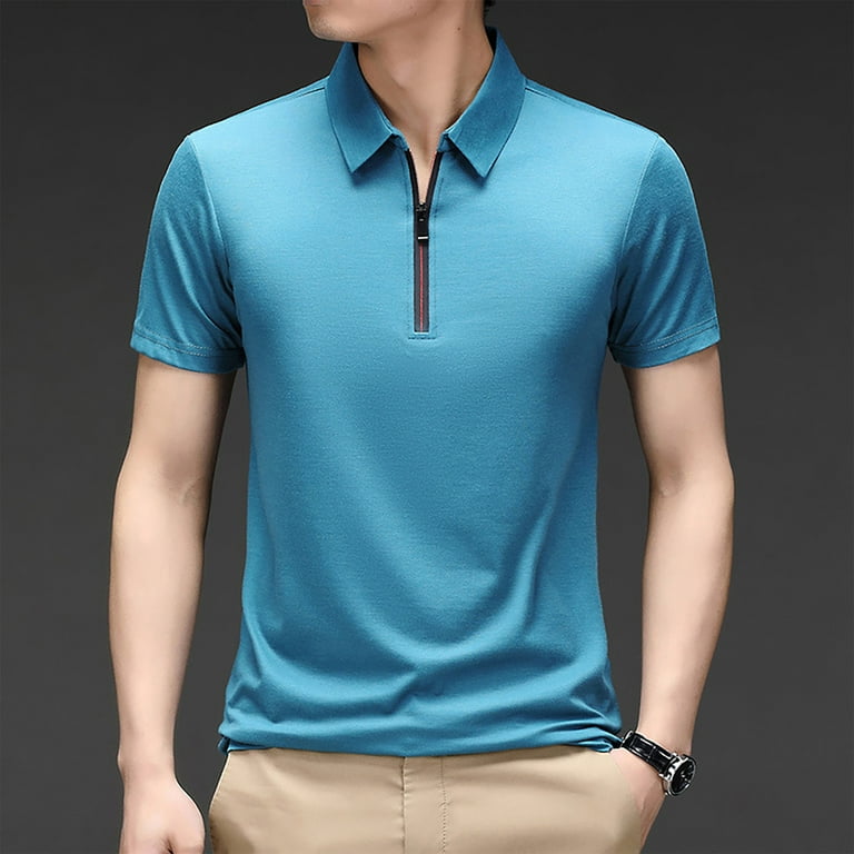 Cbgelrt Mens Shirts Soft Travel Shirts Men Zipper Shirt Casual Quarter Zip Tee Shirt Vintage Short Sleeve Collared T Shirt Summer Pullover Tshirt Blue