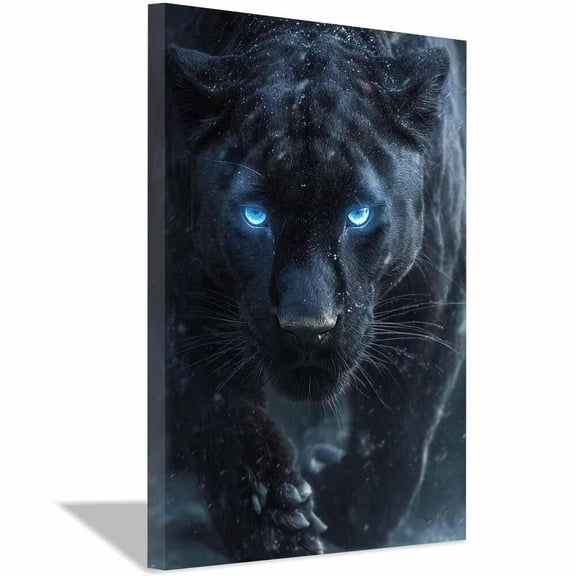 Snowy Black Panther Glowing Azure Eyes Blizzard Canvas Wall Art,Cold Wildlife Ornament Pictures fit Hallway Condo Interior Ready to Hang-12"L x 8"W