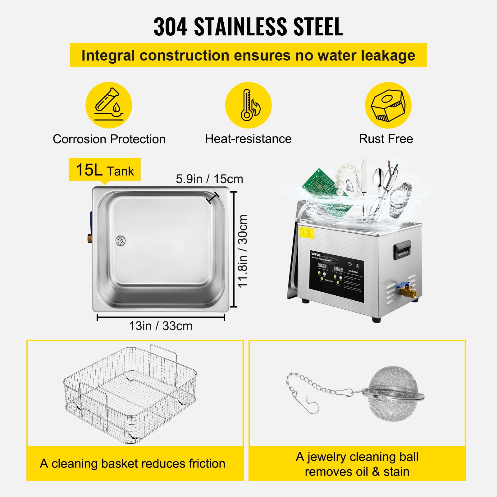 VEVOR Stainless Steel Ultrasonic Cleaner Professional Digital Lab Ultrasonic Parts Cleaner 13.8 x 12.8 x 11.4 in.