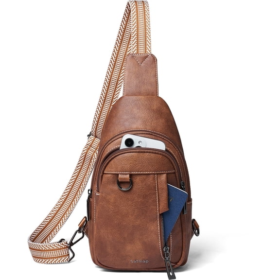 LATMAP Sling Bag for Women & Men, Leather Anti-Theft Hiking Fanny Pack，Brown