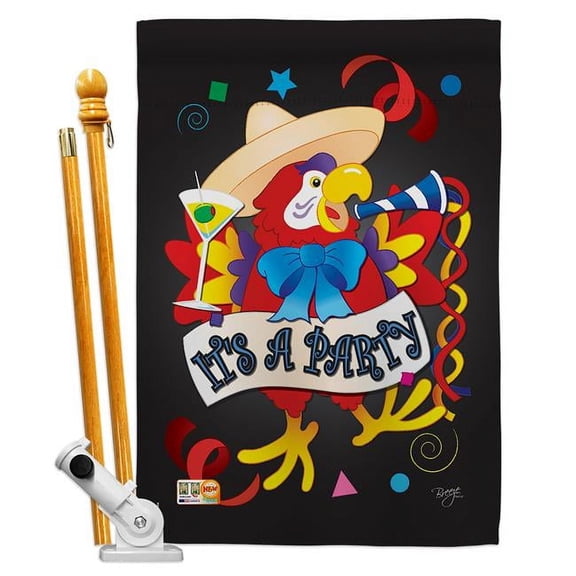 Breeze Decor BD-PC-HS-115040-IP-BO-D-US04-BD 28 x 40 in. Its a Party Parrot Special Occasion & Celebration Impressions Decorative Vertical Double Sided House Flag Set & Pole Bracket Hardware