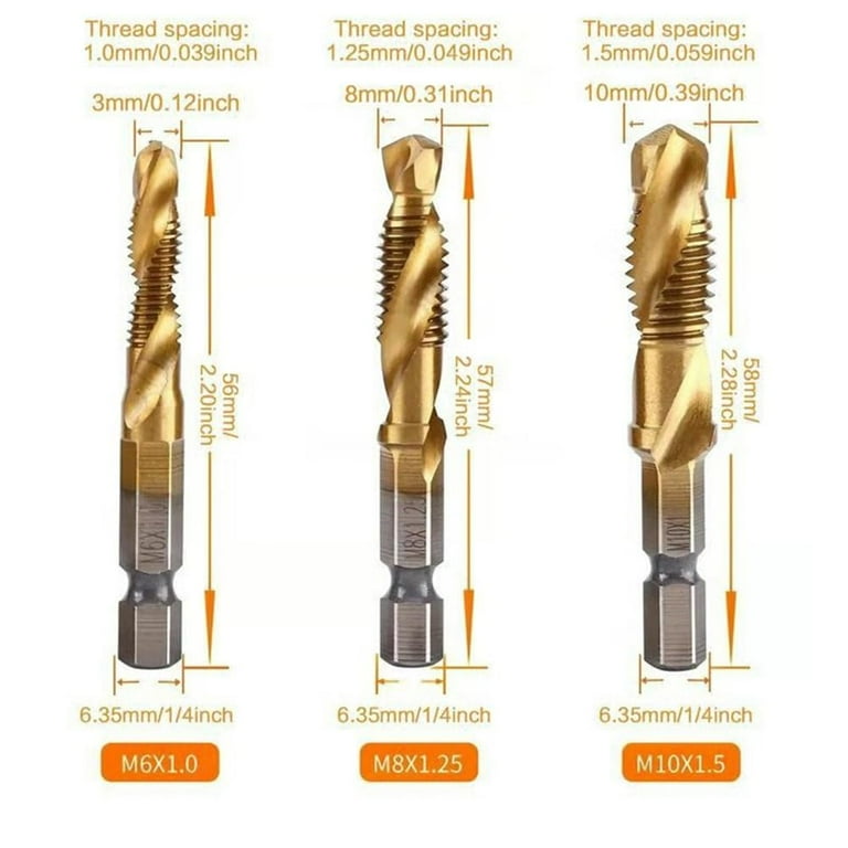 3 in 1 Spiral Tap Hex Shank Drill Bit Set, Metric SAE Combination Threading Tools Kit, Hss Screw Tap Die Adapter for Metal, Quick Change Impact Driver Socket, Professional Repair（gold,short）