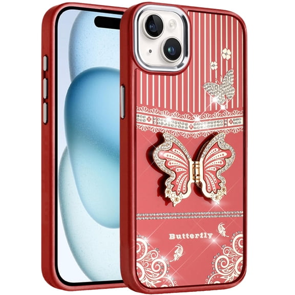 For Apple iPhone 15 (6.1") Glitter Butterfly Case with 3D Stand Sparkle Hybrid Metallic Edges Protective Phone Cover Slim Fit [Red]
