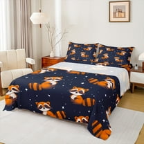 Manfei Kawaii Orange Raccoon Bed Sheets for Kids, Cute Cartoon Animal King Sheets, Dreamy Stars Starry Sky Sheet Set, Luxury Bedroom Decor, 4-Piece