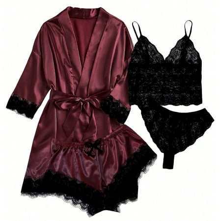 Levmjia Women s Short Sleeve Pajama Sets Nightshirts 4-Piece Women Sexy Garter Lingerie Set Robes Lace Bodysuit Deep-V Neck Underwear
