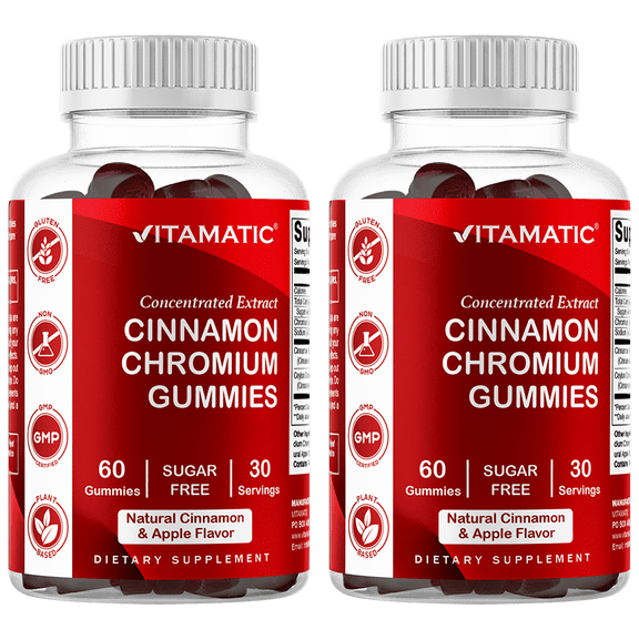 Vitamatic Chromium & Ceylon Cinnamon Gummies – Sugar-Free Botanical Extract Supplement – Vegan, Non-GMO, Gluten-Free – Plant-Based Gummies – 60 Count