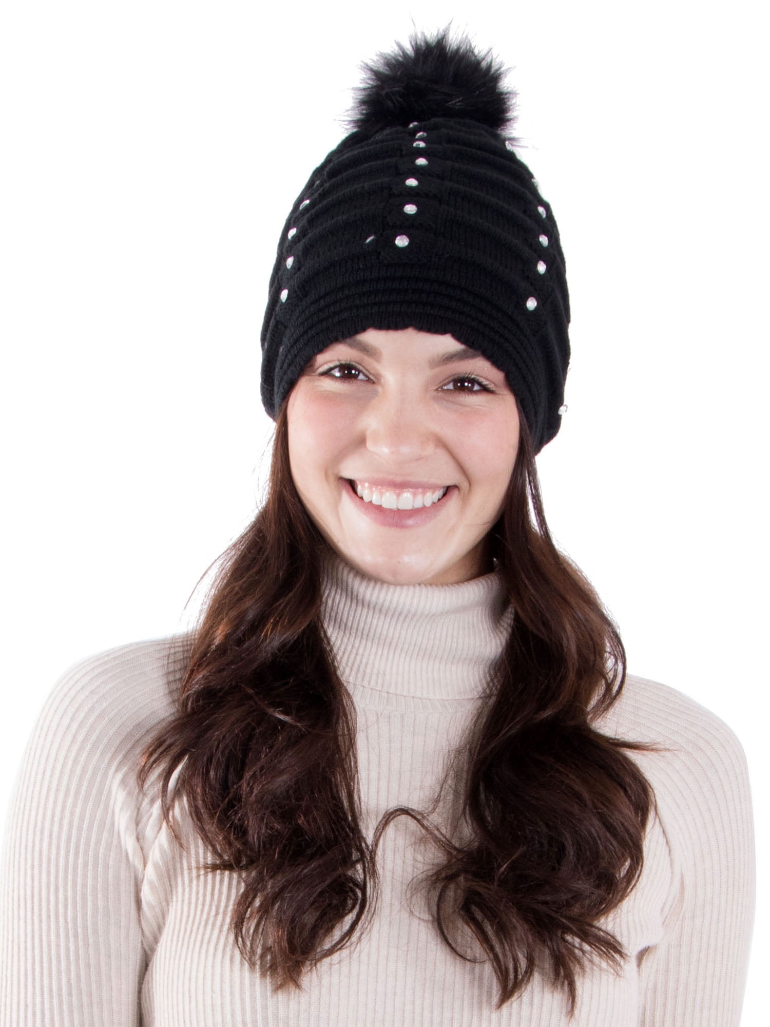 Ladies Knitted Ribbed Sequin Beanie Bobble Ski Hat With Removable Pom Pom 