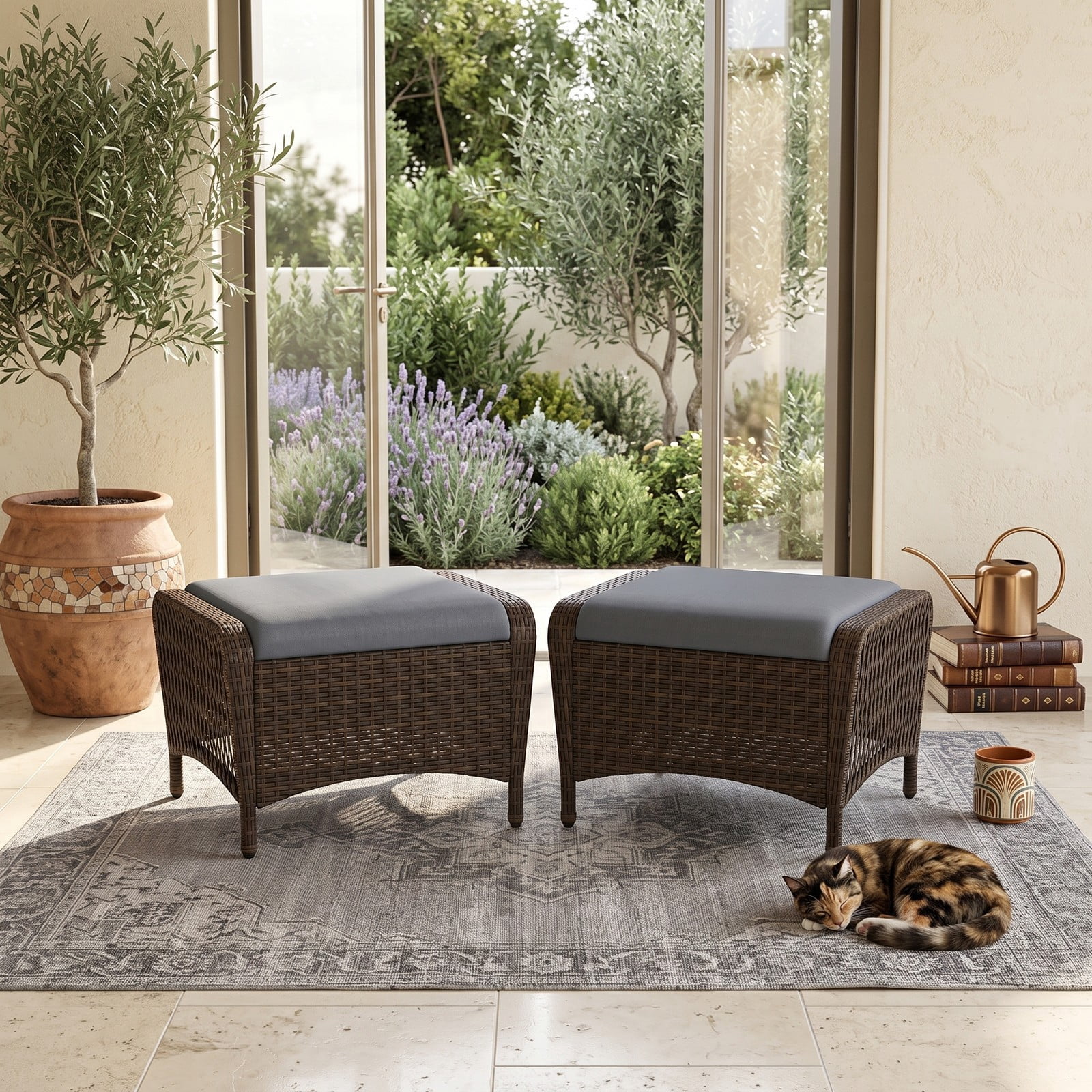 Furnibear Set of 2 Outdoor Patio PE Wicker Ottomans with Removable Cushions, Hand-Woven Rattan Footrest Extra Seat Coffee Table for Garden Porch Backyard, 400, Gray