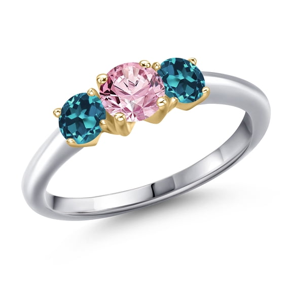 Gem Stone King 925 Silver and 10K Yellow Gold Pink Lab Grown Diamond and London Blue Topaz Engagement Ring for Women | 1.16 Cttw | Round 5MM | Gemstone April Birthstone | Size 7