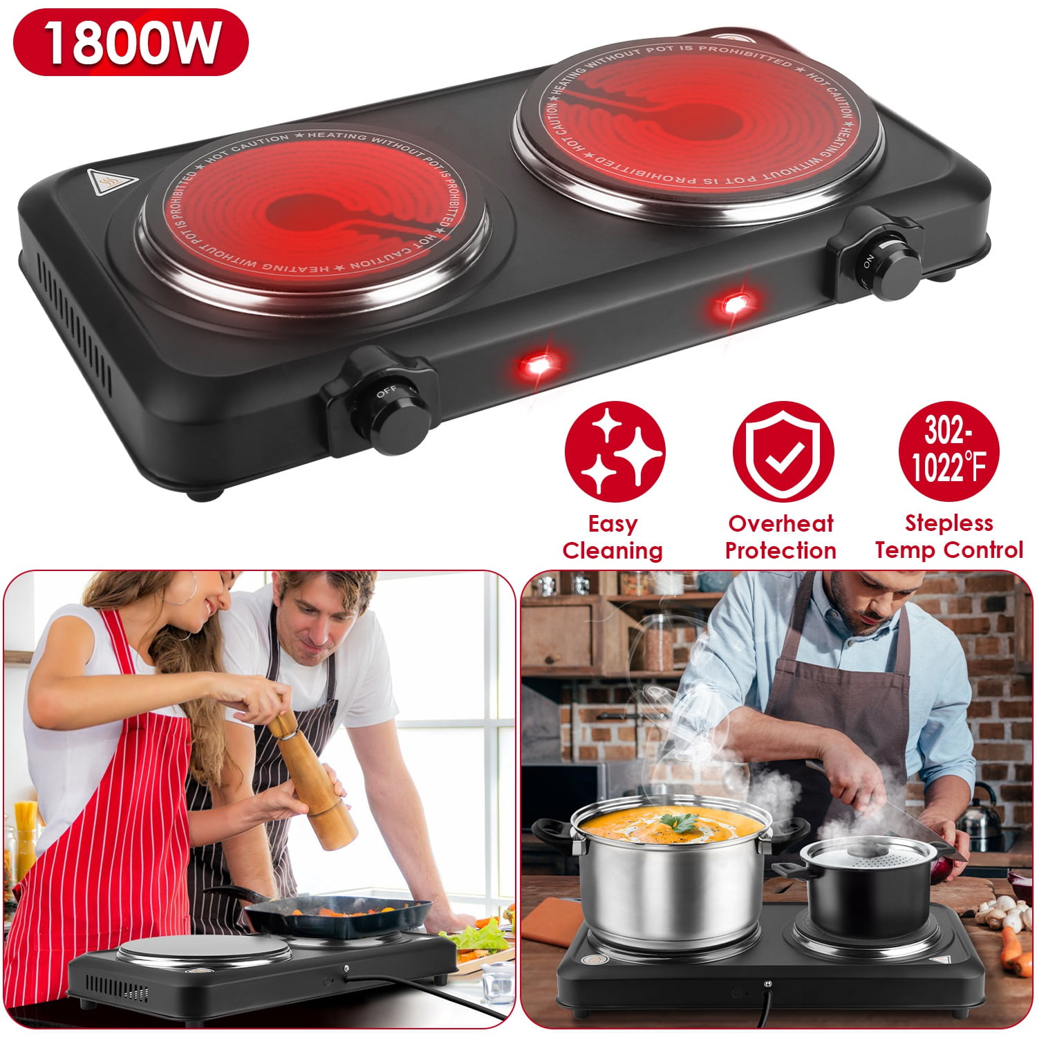 Moclever 1800W Electric Infrared Dual Burner, Electric Hot Plate Portable Countertop Burner with 7.5” & 6.3” Glass Cooktop Stepless, Black