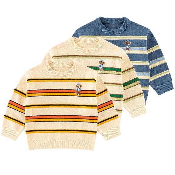 KYAIGUO Toddler Kids Fall Winter Knit Sweater for Boys Girls Crewneck Pullover Knit Striped Sweater Sweatshirt Baby Warm Jumper Top for 1-8 Years