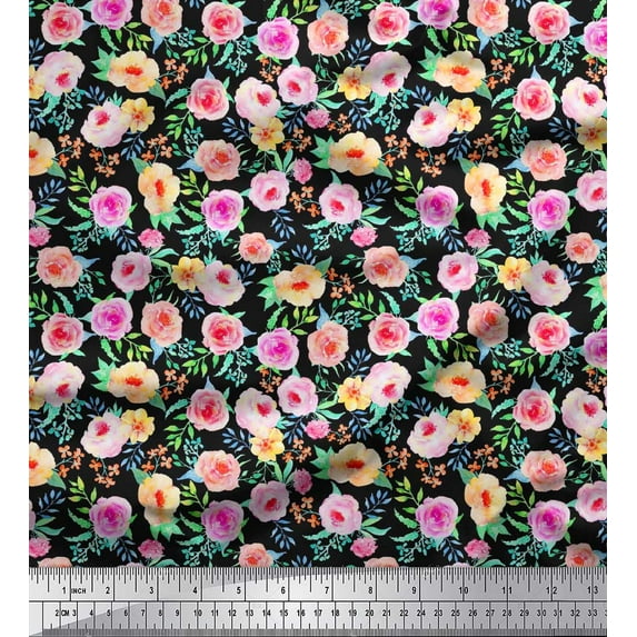 Soimoi Black Cotton Duck Fabric Leaves & Floral Watercolor Decor Fabric Printed BTY 42 Inch Wide