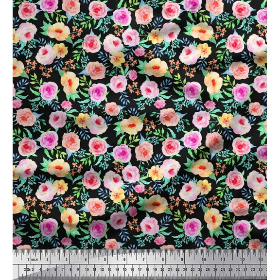 Soimoi Black Cotton Duck Fabric Leaves & Floral Watercolor Decor Fabric Printed BTY 42 Inch Wide