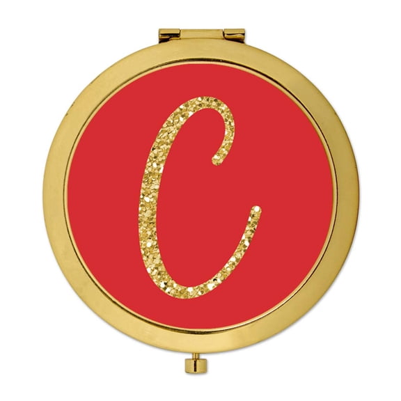 Koyal Wholesale Gold Compact Mirror Bridesmaid's Wedding Gift, Red with Faux Gold Glitter, Monogram Letter C, 1-Pack