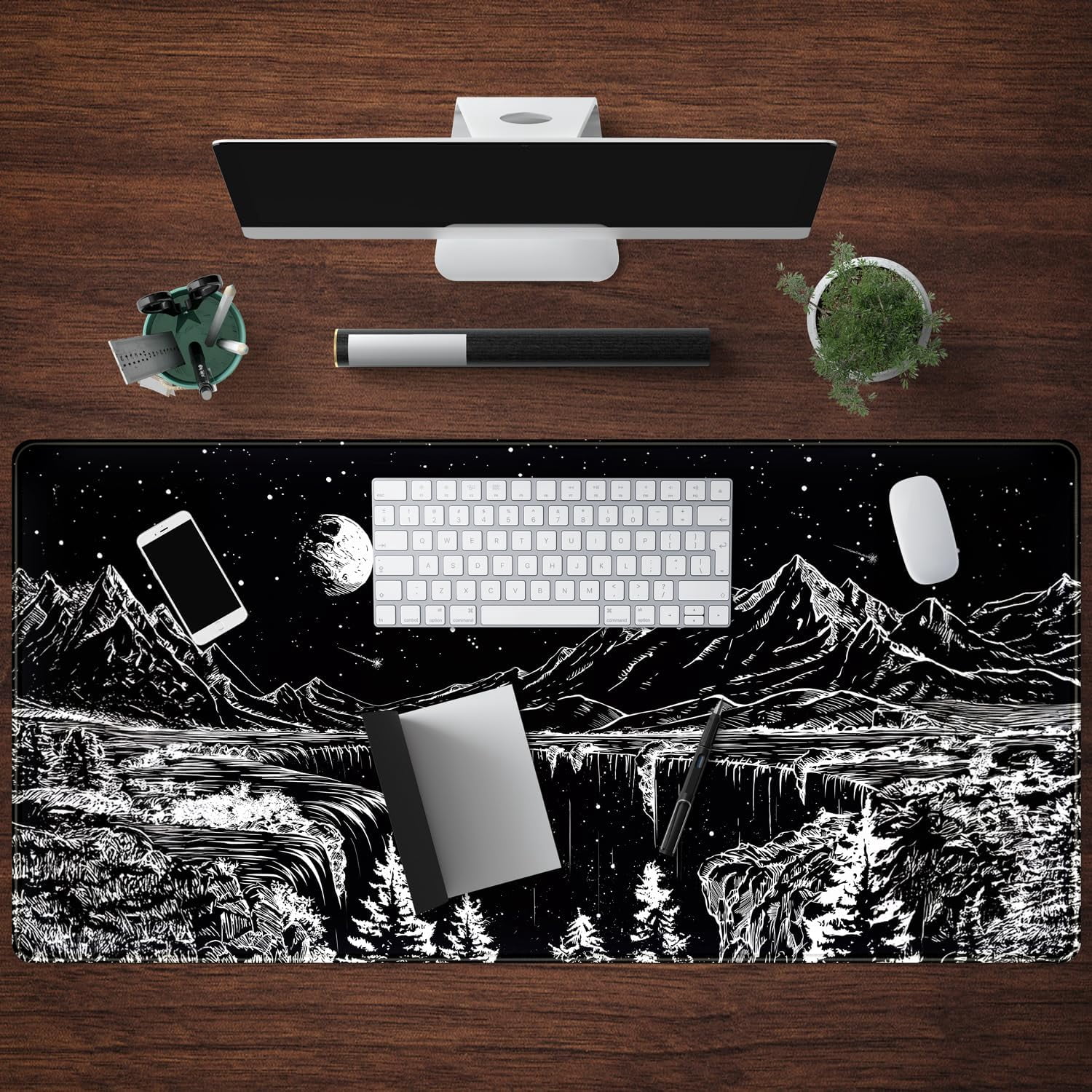 Black and White Desk Mat Dark Nature Forest Mouse pad XXL Starry Night Mountain Desk pad Aesthetic Moon and Stars Mousepad XXL for Laptop Computer Mouse Gaming Keyboard Mat, 31.5 X 15.8 in