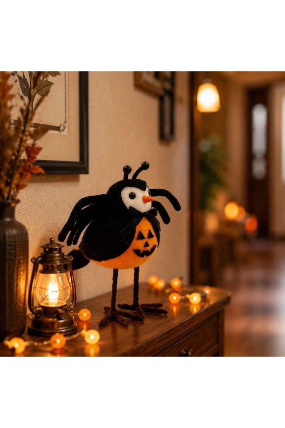Pumpkin Bird Fabric Doll, Sturdy Hand Sewn Craft, Adjustable Posture, Retro Styling for Fireplace, Shelf and Shop Window Halloween Display