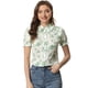 thumbnail image 1 of Camisa de algodón con volantes en la parte superior y cuello vuelto Allegra K Verde L, 1 of 5