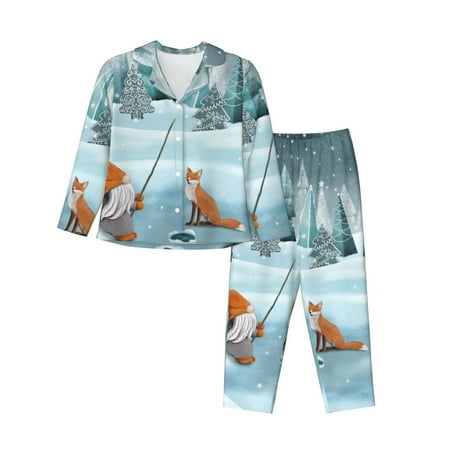 Jgfou Gnome And Red Fox Fishing Print Womens Pajamas Set Button Down 2 Piece Pjs Long Sleeve Sleepwear with Pockets-Medium