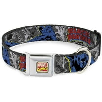 Marvel Comics Pet Collar, Dog Collar Metal Seatbelt Buckle, Black Panther Poses Stacked Comics Grays Yellow Blue Red, 15 to 24 Inches 1.0 Inch Wide