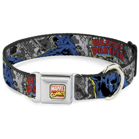 Marvel Comics Pet Collar, Dog Collar Metal Seatbelt Buckle, Black Panther Poses Stacked Comics Grays Yellow Blue Red, 9.5 to 13 Inches 1.0 Inch Wide