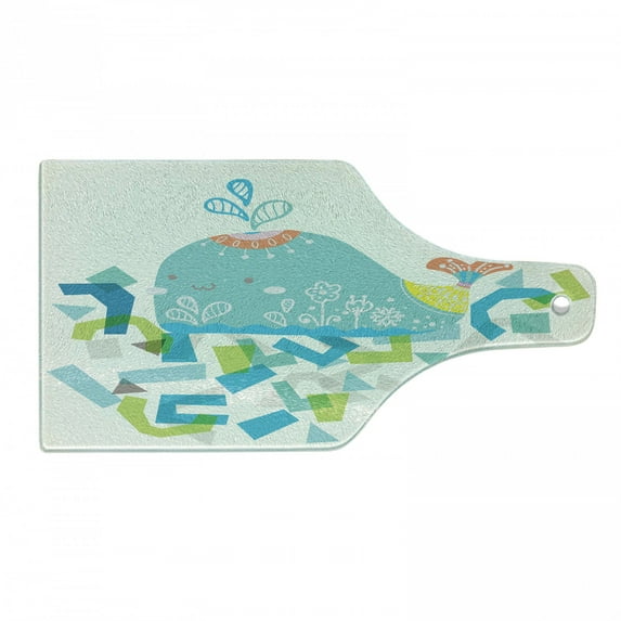 Whale Cutting Board, Whale Illustration with Geometrical and Smiling Cartoon Like Image, Decorative Tempered Glass Cutting and Serving Board, Wine Bottle Shape, Blue Yellow and Green, by Ambesonne