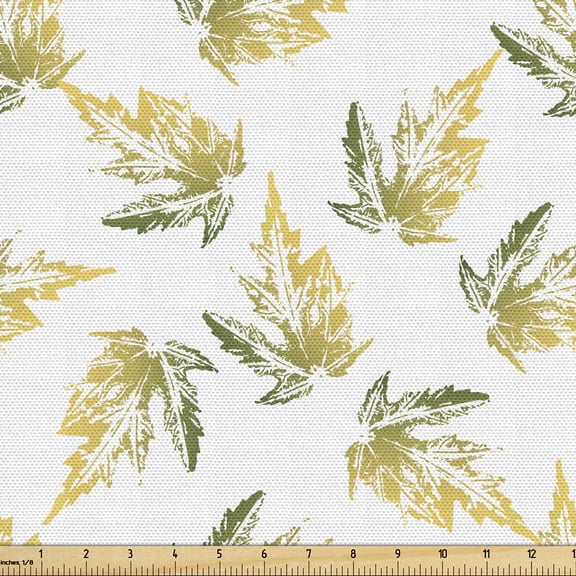 Leaves Fabric by the Yard, Floating Autumn Botany Grunge Silhouette of Maple Leaf, Decorative Upholstery Fabric for Sofas and Home Accents, Mustard Olive Green by Ambesonne
