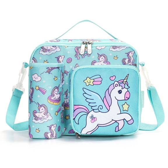 Tirrinia Insulated Lunch Bag for Girls Teens, Thermal Lunch Box with Front & Water Bottle Pocket, Reusable Compact Cooler Tote for School Office Picnic, Green Unicorn