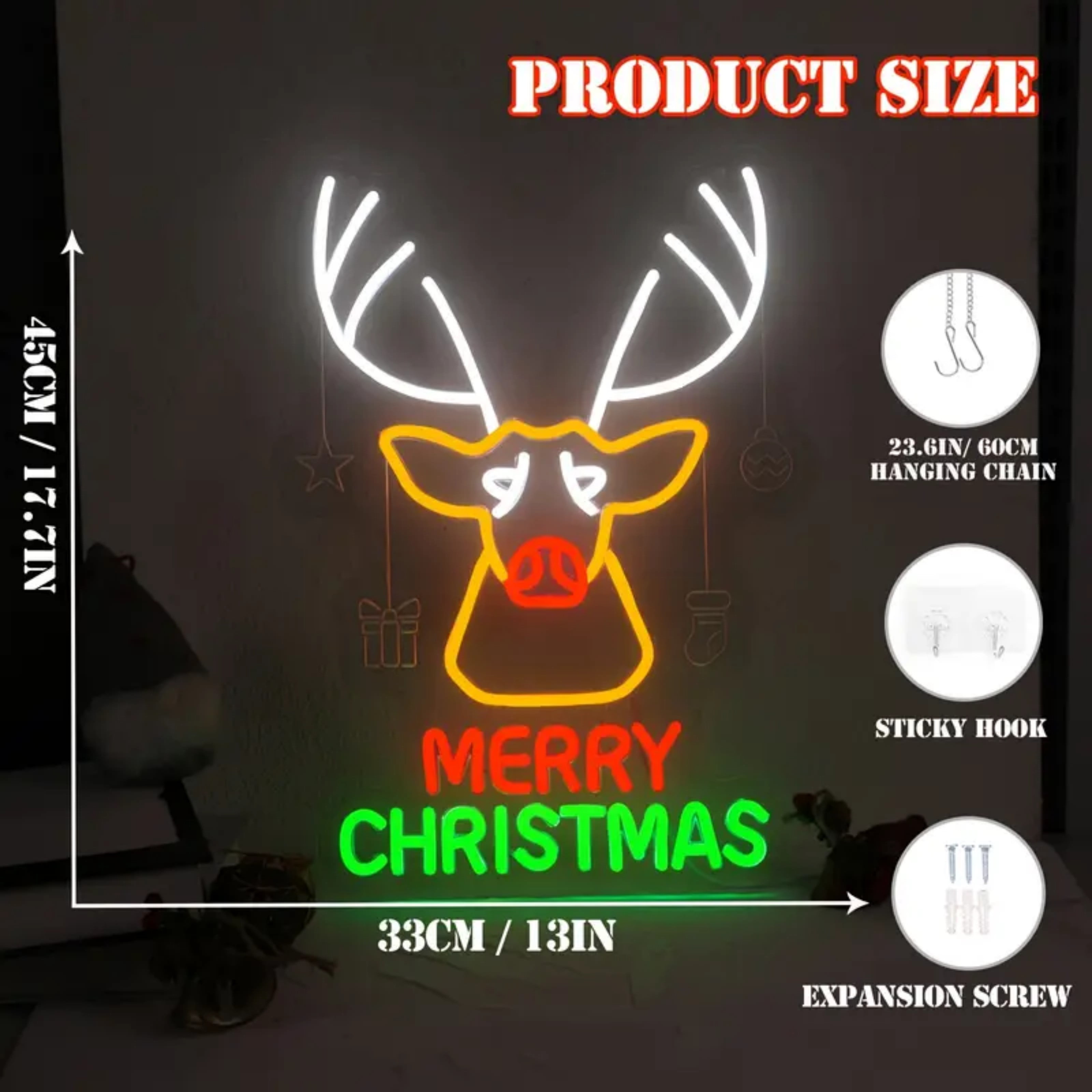 UPONRAY Christmas Reindeer Neon Signs, 17.7"*13" Dimmable & USB-Powered LED Neon Light, Stylish Wall Decor for Christmas Tree, Bed Room, Living Room, Party, Bar