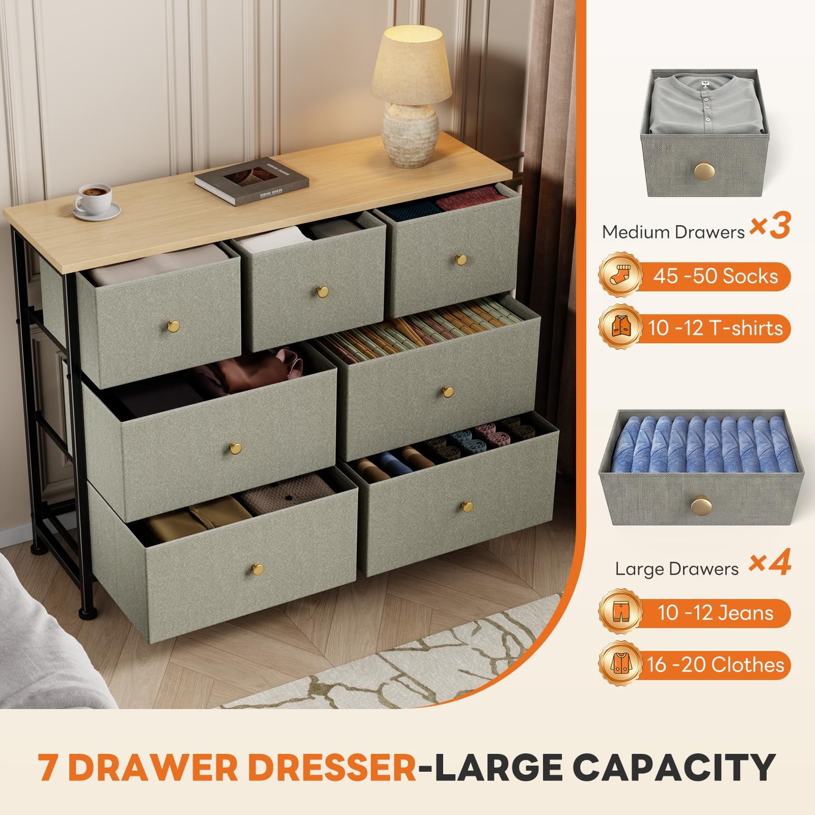 Telyra 7-Drawer Fabric Dresser TV Stand Organizer with Wood Top and Metal Frame Wide Storage Chest, Greyish Green