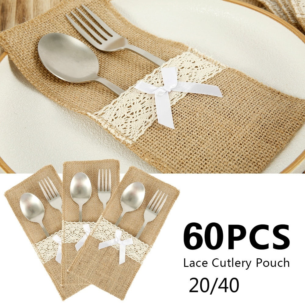 20/40/60pcs Lace Silverware Pouch Burlap Silverware Holder Wedding