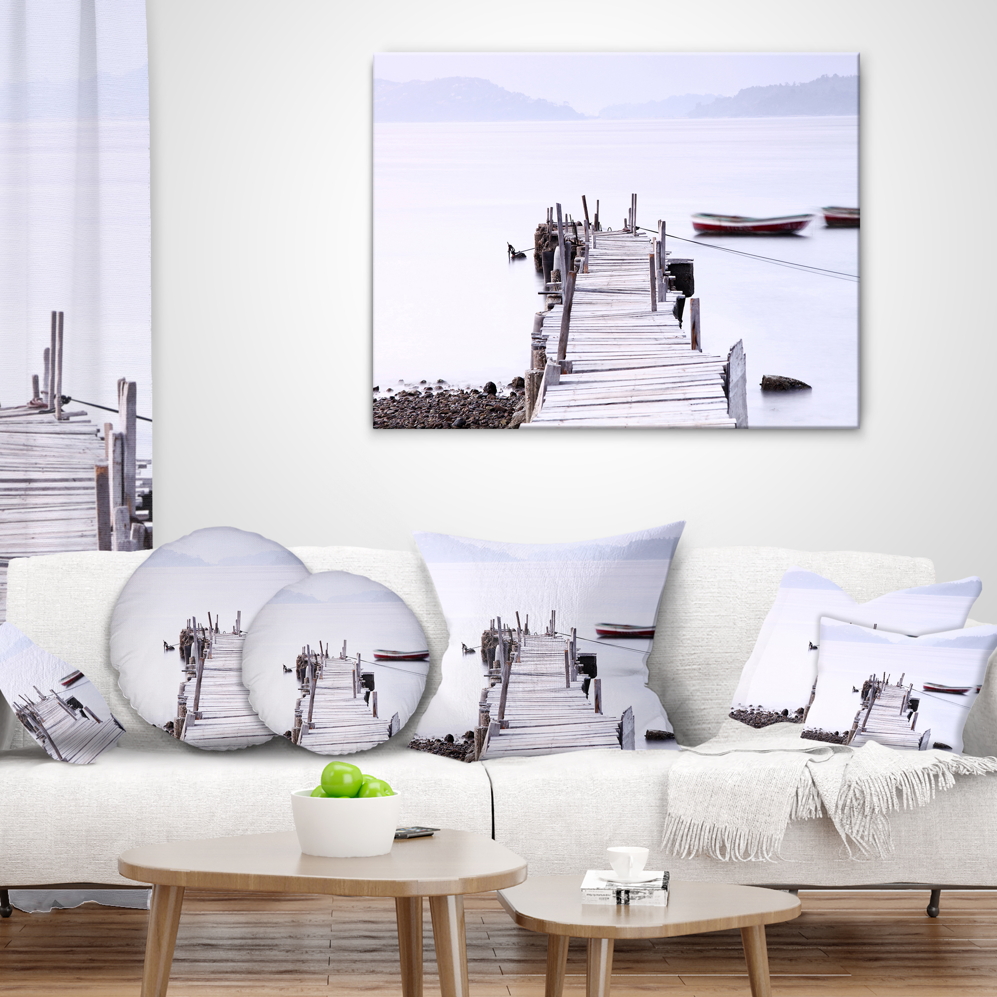 Designart Foggy Sea with Pier and Boats - Seascape Throw Pillow - 16x16