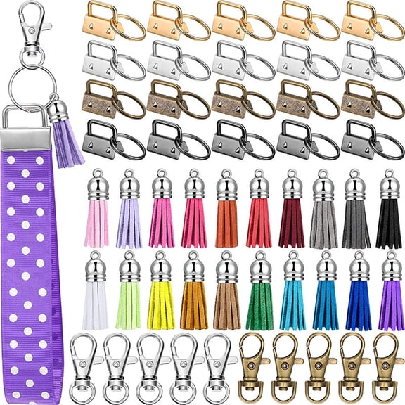 HUONA 60pcs Key Fob Hardware Set Including 20 Key Fob Hardware with Keyring 20 Colorful Leather Keychain Tassel and 20 Keychain Hooks for Belts Suitcases Key Lanyard Handbag Accessories