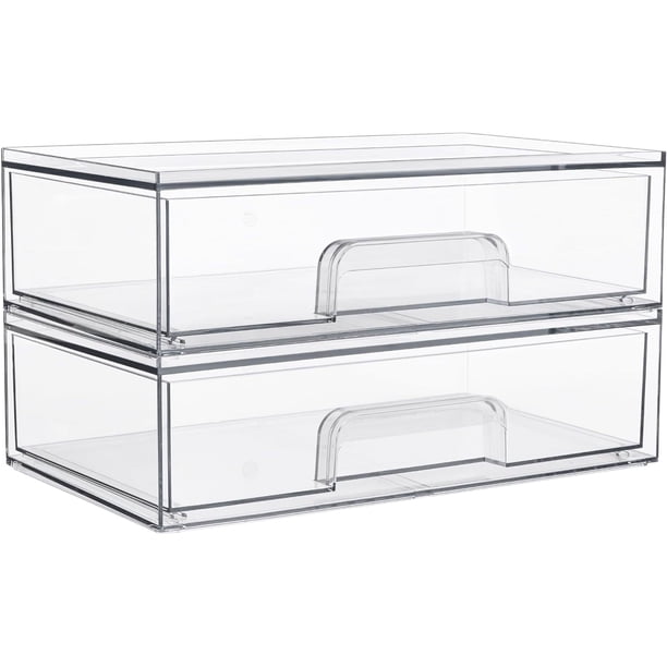 Juego de 4 cajones de almacenamiento apilables, contenedores organizadores de plástico transparente para suministros de baño, ideal para organización de gabinete, despensa, cuarto de
