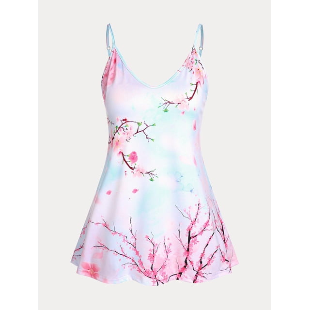 Top Fluida de Tirantes Finos con Estampados de Sakura de Talla Extra Rosegal Camisetas sin mangas de talla grande