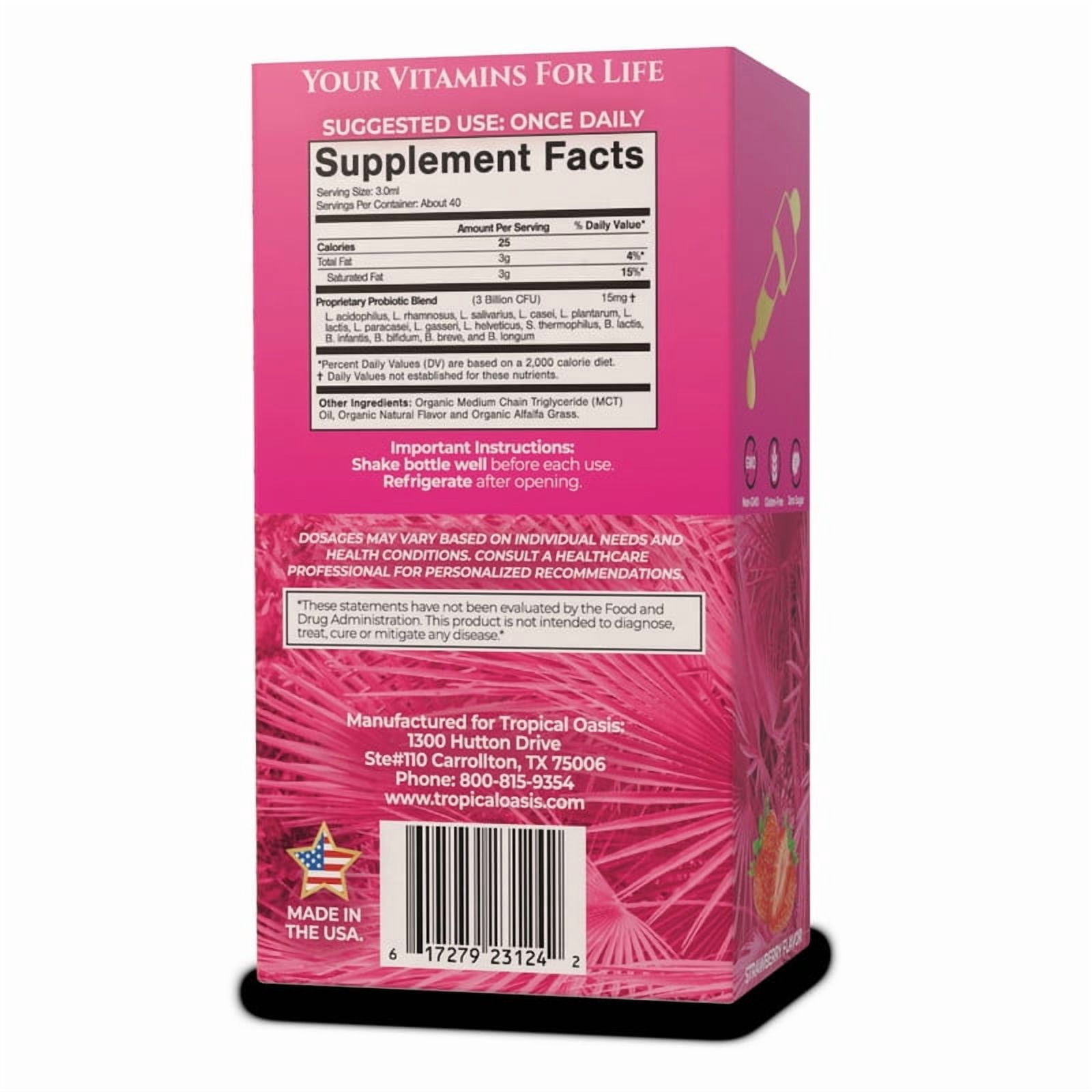 Tropical Oasis Women's Probiotic Drops, 15 Strains 3 Billion CFU Digestive Immune Support, Strawberry, 4 fl oz, 40 Servings