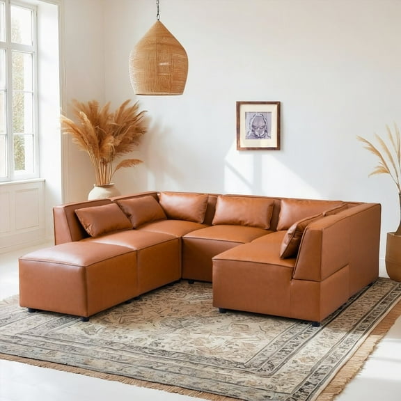 Modern Cognac Vegan Leather Modular Sofa 92.5W 6-Person for Living Room