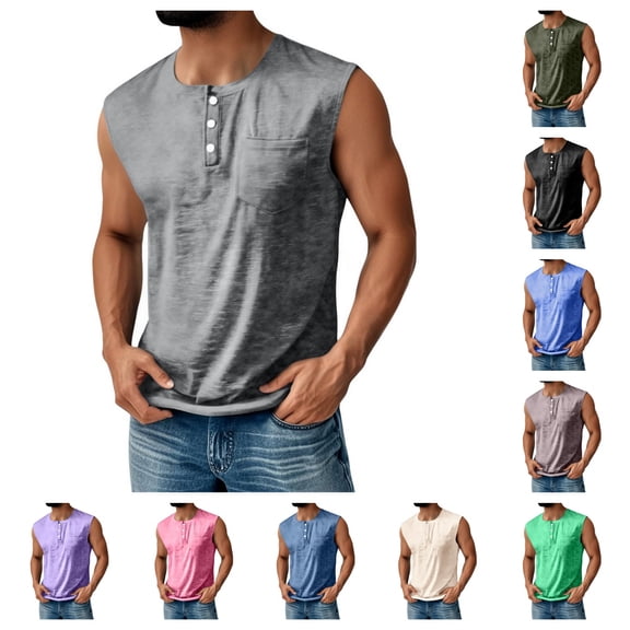 Casual Sleeveless Shirts for Men Distressed Washed Tank Tops Henley Button Down V Neck Polo Shirt Vintage Solid Tee Top Gray L