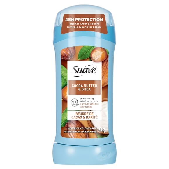 Déodorant antisudorifique pour femmes Suave, Invisible, bâton de déodorant pour les aisselles, protection contre les odeurs et l’humidité 48 heures, fragrance beurre de cacao et karité, 74g