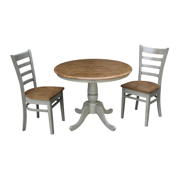 36" Round Solid Wood Distressed Hickory/Stone Dining Table With 2 Chairs