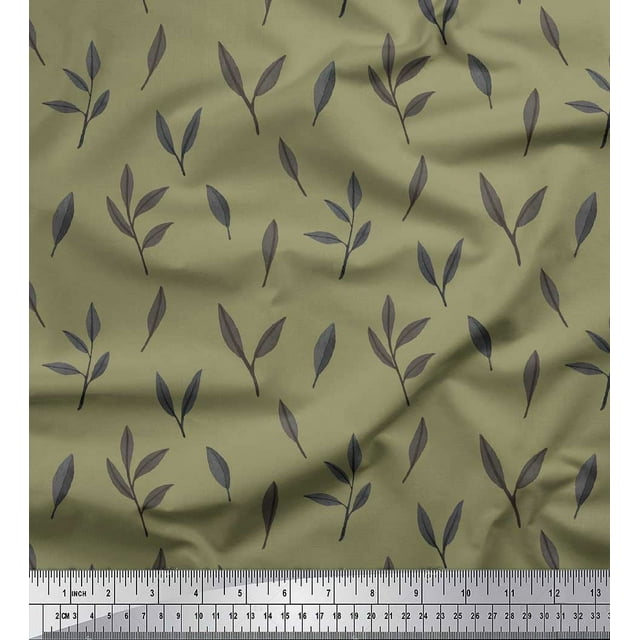 Soimoi Green Polyester Crepe Fabric Leaves Printed Fabric 1 Yard 52 Inch Wide