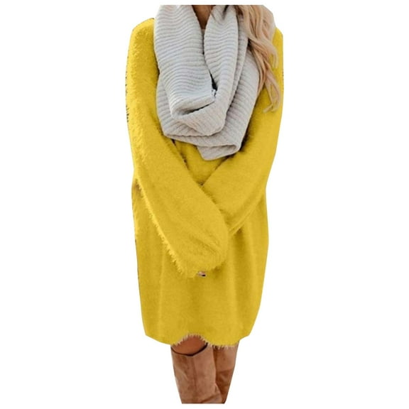 XEGLSBU Fall Sweater Dresses for Women 2025 Women Elegant Mini Dresses Winter Casual Long Sleeve Vintage Dress Classic Turtleneck Sweater Sweater Dress for Women Midi Length Yellow Size XXL