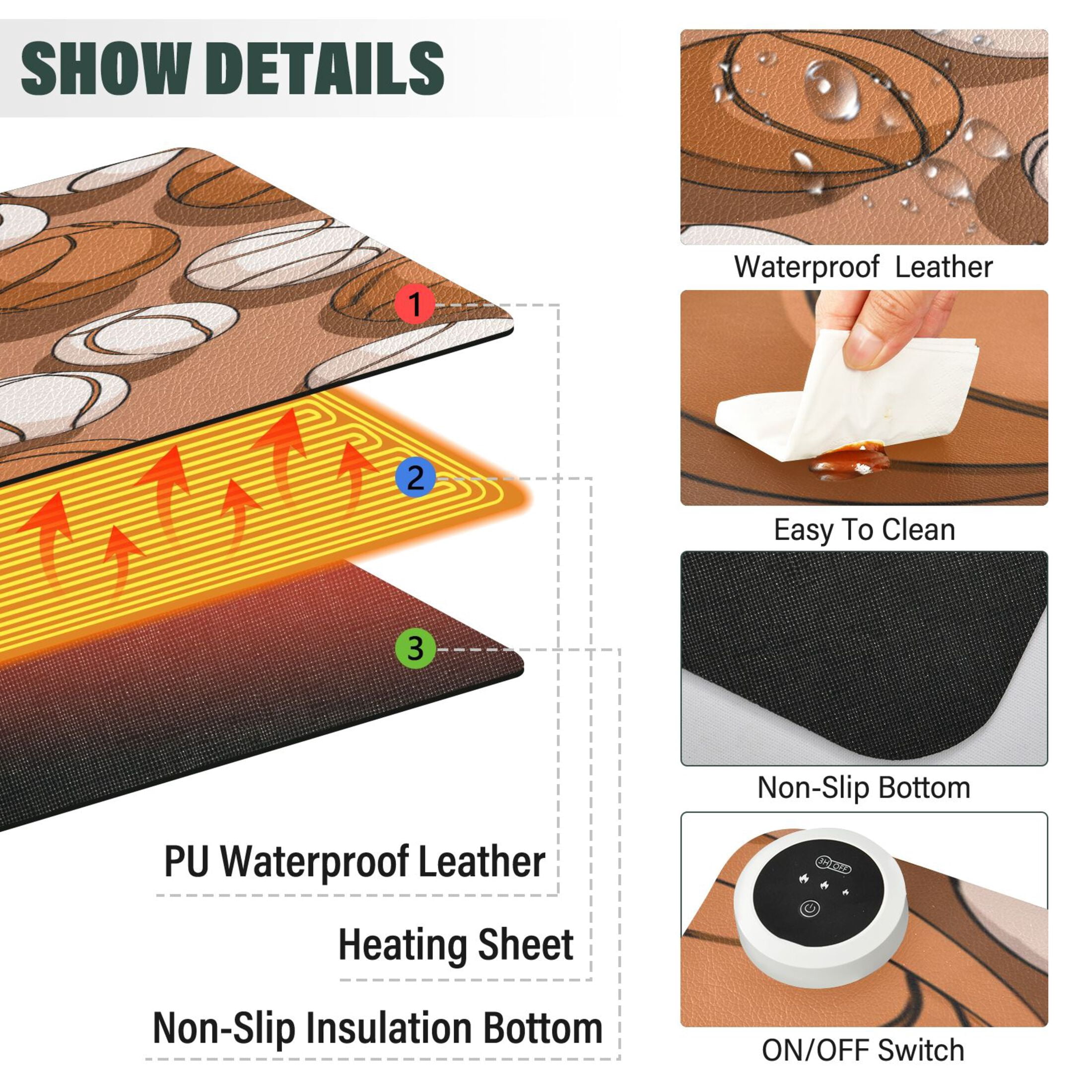 Large Heated Desk Mat Mouse Pad 31.5"x13"PU Leather Graphene Heating Desk Warmer with 3 Temperature Settings 110V US Plug Non-Slip Warm Pad for Home, Office, and Gaming Athletic Ball Collage Print