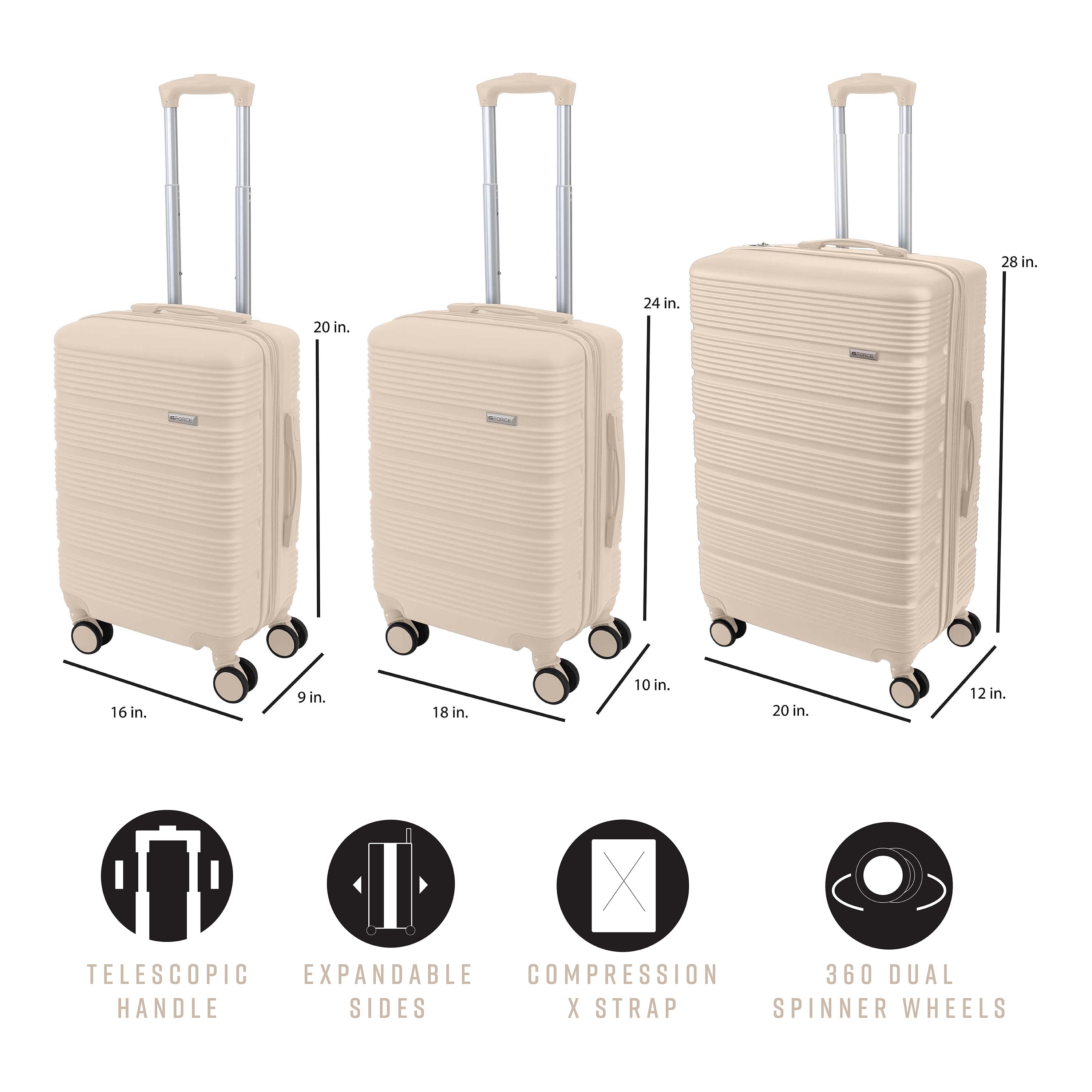 G-Force 3 Piece Expandable Rolling Luggage Set in Ivory
