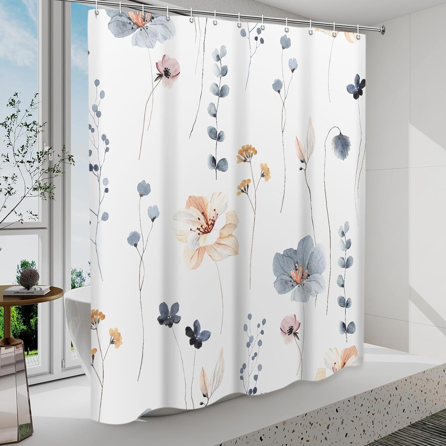 Shower Curtain Watercolor Flower Shower Curtain Sets - Spring Blue Beige Floral plant Shower Curtains for Bathroom Washable，Fabric Modern Polyester with Hooks，72 x 72
